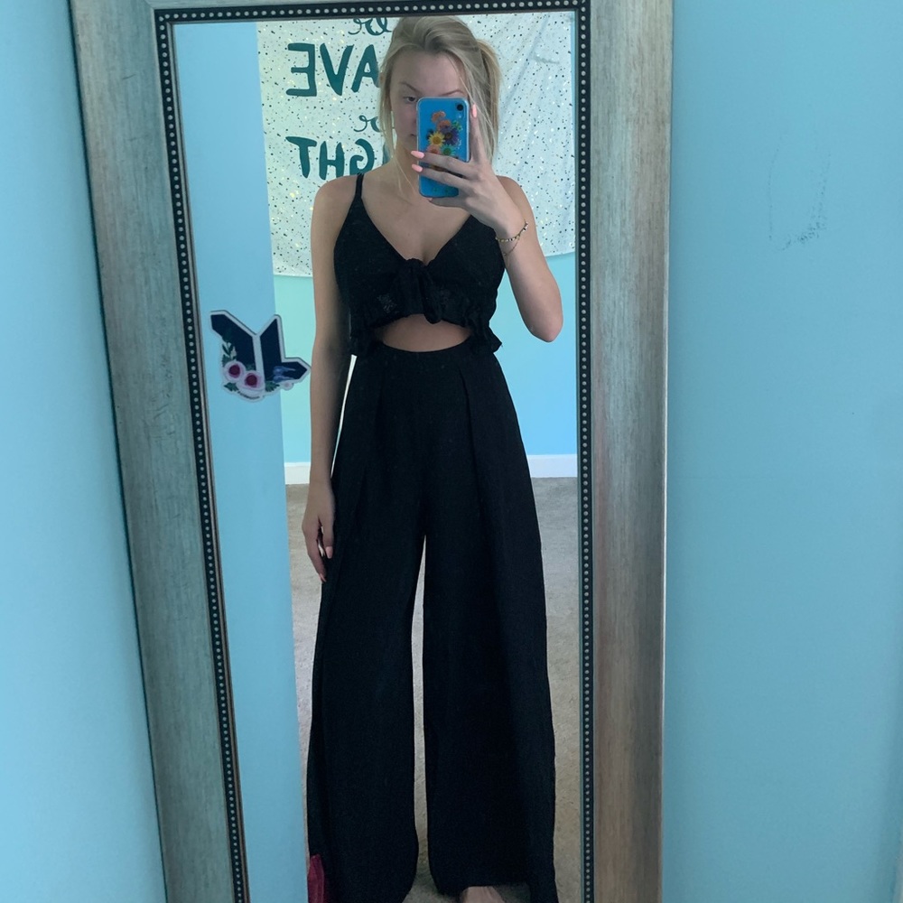 Long black formal romper with cutout